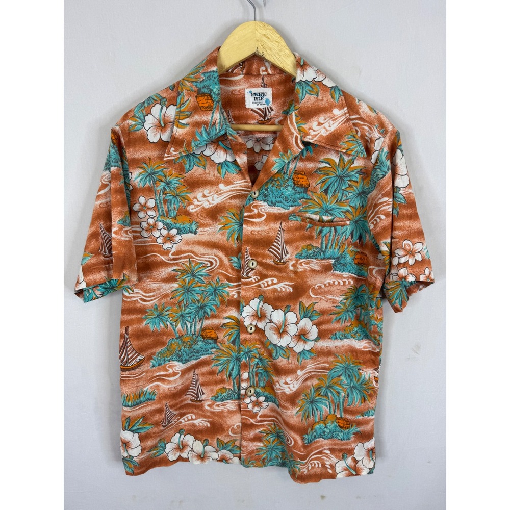 Pacific Isle Creations of Hawaii Vintage Orange Tropical Palm Hibiscus Shirt